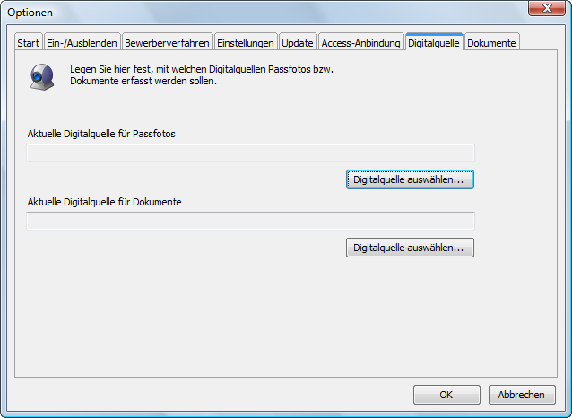 Geben Sie hier die Digitalquellen an, die Sie für das Erfassen von Passbildern bzw. Dokumenten nutzen wollen.