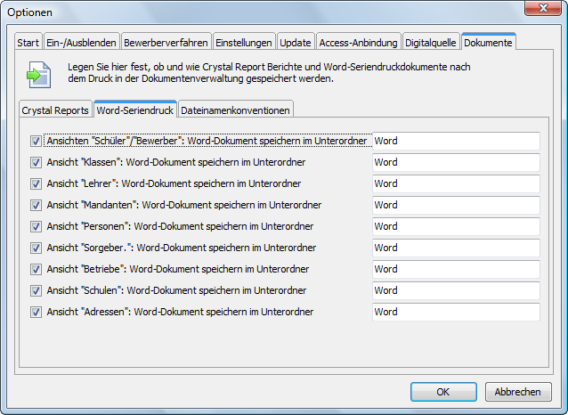 Hier ist für die Ansicht „Klassen“ angegeben, dass neben vor dem eigentlichen Word-Seriendruck das gefüllte Worddokumente in der Dokumentenverwaltung im Unterordner „Word“ erzeugt werden soll.