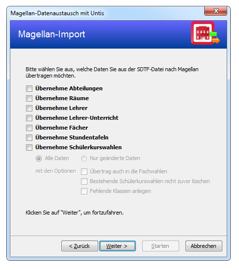 Wählen Sie hier die Daten aus, die Sie aus Untis nach MAGELLAN importieren wollen.